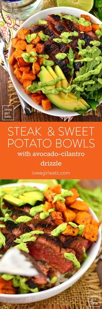 Meat and potatoes just got an upgrade! Steak and Sweet Potato Bowls with Avocado-Cilantro Drizzle are healthy, fresh, and filling. | iowagirleats.com keywords: dinner recipes, dinner ideas, dinner ideas healthy, gluten free recipes, gluten free dinner recipes, gluten free dinner ideas, gluten free dinners easy