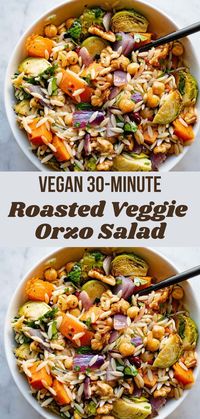 Dec 15, 2021 - Vegan Roasted Veggie Orzo Salad is a healthy, budget-friendly, warm fall salad. Made with sheet-pan chickpeas, sweet potato & Brussels.