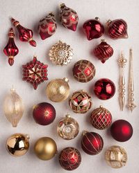 Make your tree pop with burgundy and gold ornaments decked in beads and glitter. Intricate details catching the light lets your holiday decoration stand out. | 10.5" Bordeaux/Gold Brilliant Bordeaux Main Ornament Set, Set of 25, Width 3.5 in by Balsam Hill