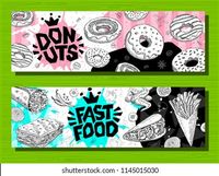 Fast food colorful modern banners set labels. Fast food. French fries. donuts. Hot dog, hamburger, coffee, wings, nuggets, tacos. Bright cool food sketches composition. Hand drawn vector illustration.