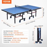 VEVOR Ping Pong Table Foldable Table Tennis Game Table Indoor with Clamp Net Championship-level Quality Premium Materials Multiple Game Modes Easy to Fold and Move Easy to Install Multiple Choices Expanded Dimension: 107.9x60x30 inch / 2740x1525x760 mm,Item Model Number: VT002-25,Product Weight: 231.5 lbs / 105 kg,Folded Dimension: 60x64.3 inch / 1525x1632 mm