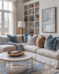 Achieve a modern and elegant look with this blue and gold living space. The sleek seating, beautiful decor, and contemporary artwork create a luxurious and welcoming environment. ✨🛋️ #LivingRoomDecor #HomeRefresh #RegionalNest