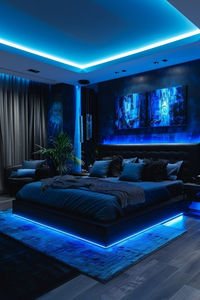 Experience the allure of the Midnight Glam Baddie Bedroom, where sleek black decor is highlighted by striking LED lights. This bedroom is a perfect mix of modern sophistication and glamorous elegance, featuring bold black furniture and shimmering metallic accents. Imagine a sleek black bed with LED strip lighting that casts a soft glow, creating a dramatic and inviting ambiance. The room is adorned with glossy surfaces, mirrored details, and luxurious fabrics that exude opulence. LED lighting plays a crucial role, with strategically placed fixtures that enhance the room's overall aesthetic and add a touch of modernity. Transform your space into the Midnight Glam Baddie Bedroom and bask in the sophisticated allure of this stunning design. Discover more glamorous Baddie Bedroom ideas by tapp