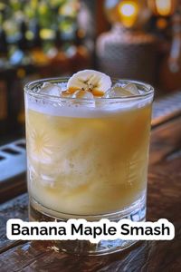 Indulge in the creamy and flavorful Banana Maple Smash cocktail, featuring bourbon, banana creme liqueur, maple syrup, and zesty lemon juice. A must-try for any cocktail enthusiast! 🍹🍌🍁 #CocktailRecipe #Bourbon #MapleBanana #Mixology