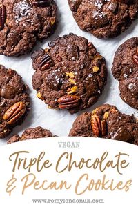 Deliciously more-ish vegan triple chocolate cookies, filled and topped with crunchy pecan nuts and dairy-free chocolate chips. #vegancookies #chocolate #pecan #cookierecipe