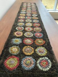 "Rug Hooking Kit - Large Penny Circle Runner - on Linen with Hand Dyed Wool - 45\" x  9.5\" If you need to purchase a rug hook, they are available here: https://www.etsy.com/shop/mavisbutterfield?section_id=32548768 If you are new to rug hooking please read the entire listing as there is a bunch of helpful information below. What This Kit INCLUDES: Pattern drawn on soft linen Color photo Wool strips This Kit DOES NOT Include: Rug hook Hoop/hooking frame Instructions on how to hook The finished p