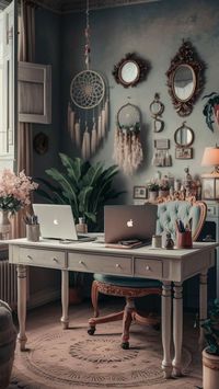 Bring elegance to your office with boho style interior design. Incorporate cozy room decor, vintage, and victorian elements for a unique look. Boho lamps and a boho wall complete this chic bohemian home office setup. #bohostyleofficeelegance #bohostyleinteriordesign #chicbohemiandecor #vintage #boholamps #bohowall #bohochichomeoffice #homeoffice #cozyroomdecor #bohemianstyle