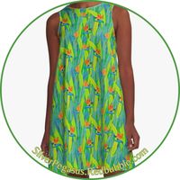 Shop for Tropical Garden - Yellow Green A-Line Dress by © SilverPegasus / Add some breezy summer style to your outfit with this green tropical print A-line dress, featuring a lush tropical pattern with tropical foliage in emerald green and neon yellow, with orange bird-of-paradise flowers. This exquisite tropical design is reminiscent of lush rainforests and sun-kissed blooms. The loose A-line silhouette of this sleeveless dress flatters all body types, while the lightweight fabric ensures comfort and ease. Whether you’re attending a summer soirée, a beach wedding, or simply strolling through botanical gardens, this dress will make you look like a tropical Goddess. Pair it with strappy sandals and a wide-brimmed hat for a chic, resort-inspired look, or wear it as a beach dress. Shop today!