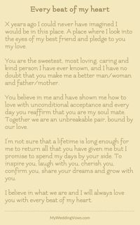 X years ago I could never have imagined I would be in this place. A place where I look into the eyes of my best friend and pledge to you my love. You are the sweetest, most loving, caring and kind person I have ever known, and I have no doubt that...