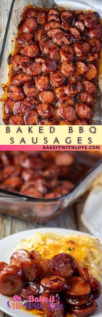 This easy baked BBQ sausage recipe is the flavorful fuss-free dinner you didn't know you were missing from your life! You only need simple 4 ingredients, just mix and pop them in the oven! Serve your baked BBQ sausage with rice, veggies, or both for a hearty weeknight dinner the whole family will enjoy! BakeItWithLove.com #bakeitwithlove #BBQ #baked #sausage #dinner #kielbasa