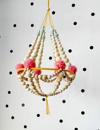 Wooden beads and pompons crown chandelier