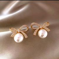 Elegant 18k Gold Plated Bow Rhinestone Pearl Stud Earrings - Perfect Women's Jewelry Accessory These Earrings Are Darling!