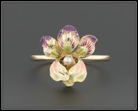 Enamel Iris & Pearl Flower Ring, 14k Gold Ring, Antique Pin Conversion Ring by TrademarkAntiques on Etsy https://www.etsy.com/listing/242722523/enamel-iris-pearl-flower-ring-14k-gold