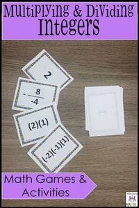 Fun multiplying and dividing integers activities.  These cards are perfect for a game in your middle school math classroom. Students practice the rules of integers. Your 7th grade math students will love to play with these cards while learning and reinforcing integers.  Aligned to the common core standards.  Teachers, these are a great addition to your classroom. Click here for more information. #makesenseofmath