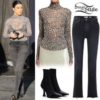 Opening Ceremony Callipygian Printed Mesh Turtleneck ($95.00), Re/Done Double Needle Long Straight-Leg Jeans ($200.00) and Celine Madame Boots ($1,500.00+).