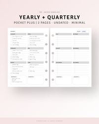 Yearly Overview Template, Annual Agenda Organizer, Digital Download, Pocket Plus Size, Undated Year At A Glance, Year on 2 Pages, Birthday Tracker Sheet, New Year Planning Page Layout  [💡MonthlyJoy's Checkpoint!] 𝒀𝒆𝒂𝒓𝒍𝒚 𝑷𝒍𝒂𝒏𝒏𝒆𝒓 𝑷𝒐𝒄𝒌𝒆𝒕 𝑷𝒍𝒖𝒔 𝑰𝒏𝒔𝒆𝒓𝒕𝒔 𝑷𝒓𝒊𝒏𝒕𝒂𝒃𝒍𝒆. These Yearly Planner Inserts include 12 months and 4 Quarters. It will help to record Important dates like birthdays, goals, trips, etc, or keep track and manage your entire year's schedule at a glance.  · Year on Two Pages · Year, Month (Jan - Dec), Quarter (1-4)  [📏SIZES] POCKET PLUS, POCKET XL (3.5X5 inches)