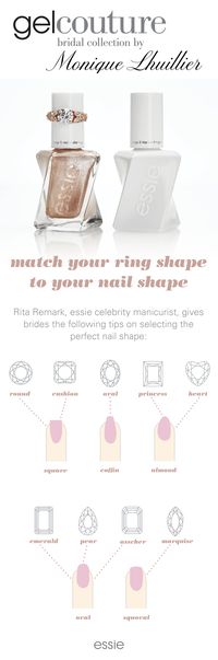 Whether you're a new bride or just browsing for later, be sure to save this pin for the newest collection from essie nail polish. essie teamed up with Monique Lhuillier to bring you the most perfect bridal collection as part of the gel couture line. Find the nail shape to match your engagement ring with 'to have and to gold'. Are you more of a cushion? A princess cut? Heart? Squoval? No matter what your preference. Your engagement ring will be in perfect company.