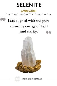 Selenite's cleansing power! ✨  Affirmations to purify your aura, invite peace & clarity, and connect with your higher self.  #selenite #affirmations #crystals #cleansing