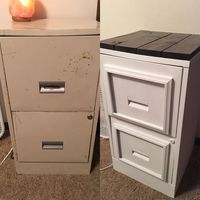 Filing cabinet makeover. Waverly chalk paint from Walmart. Waverly wax sealer from Walmart. 1x4 board from hardware store meausured and cut into 4 pieces and stained dark walnut then cement glued on top. Oh and 2 .50 cent frames from the goodwill cement glued on drawers before painting. #ottomanmakeoverideas