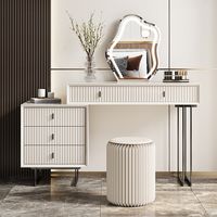 Modern Makeup Vanity With Storage, LED Lighted Mirror, 5 Solid Wood Drawer, White Stools, For Bedroom, 31''-47''