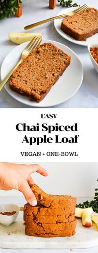 Celebrate the beginning of Autumn baking with this Chai Spiced Apple Loaf. Its made in one bowl with basic ingredients and is loaded with warm chai spices that make your home smell amazing. Autumn baking is the best baking! #vegan #veganbaking #plantbased #chaispice #veganbaking #applerecipes #spicerecipes #easybaking #fallrecipes #autumnrecipes