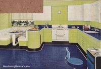 Lime green, royal blue, and black kitchen from the late 1940s