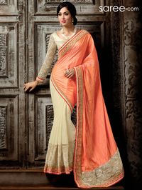 Look like a royal princess in this cream and peachy-orange saree that’s very chic and elegant. Its understated styling, lace and net detailing and crinkled georgette fabric make it an ideal choice for graceful young ladies as well as grown up style divas. It’s a great saree for day wear functions and formal meetings. '