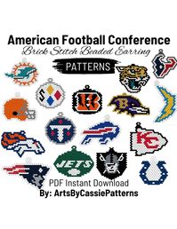 16 NFL Brick Stitch Patterns for the American Football Conference! 1 PDF file included containing a brick stitch pattern for each NFL team in the American Football Conference (Baltimore Ravens, Buffalo Bills, Cincinnati Bengals, Cleveland Browns, Denver Broncos, Houston Texans, Indianapolis Colts, Jacksonville Jaguars, Kansas City Chiefs, Las Vegas Raiders, LA Chargers, Miami Dolphins, New England Patriots, New York Jets, Pittsburgh Steelers, Tennessee Titans) This is a digital PATTERN ONLY. No physical item will be sent. Materials are not included. The pattern is intended for those who have experience with brick stitch. This pattern does not include a tutorial on how to do the stitch. The colors used in this PDF pattern are not identical to the color of Miyuki Delica Seed Beads suggested