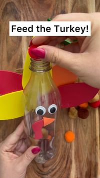 Difficulty: Easy     Easy November Craft - feed the Turkey   • Pop bottle   • Construction paper  • Pompoms   • Googly eyes