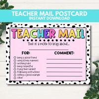 🌈💌 Brighten Your Teacher-Parent Communication with Rainbow Bright Teacher Mail Postcards! 🌟 Sending positive feedback home has never been more delightful! Our downloadable PDF contains 2 vibrant postcards (7 x 5 inches) per US Letter page, making it a breeze to connect with parents and celebrate students' achievements. 📬 Spread the Joy: Discover a heartwarming way to share happy moments with parents and guardians. Simply print, cut out, and personalize these postcards by adding the student's