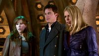 John Barrowman as Captain Jack Harkness, Billie Piper as Rose Tyler, and Catherine Tate as Donna Noble in Doctor Who (2008).