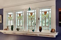 Arts and crafts stylized rose stained glass windows in the style of designer Dard Hunter