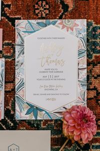 Watercolor mod floral wedding invitation with gold foil details. Perfect for a boho mod wedding with bright colors and mixed patterns!   Shop this and more at www.designbylaney.com   Photo by Geoff Rivers