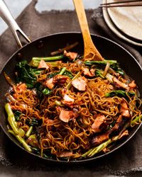 Teriyaki Salmon Noodles in a skillet