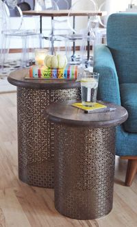 What a clever DIY! Emma of A Beautiful Mess (@Elsie Larson of A Beautiful Mess) made these end tables from aluminum sheet.