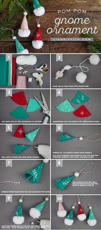 Pom Pom Gnome Ornaments - Lia Griffith - www.liagriffith.com #diyinspiration #pompoms #pompom #felt #feltcute #diyornaments #diychristmas #diyholiday #diyholidays #tonttu #tomte #nisse #gnomes #madewithlia