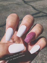 LOVE these Matte White Nails with Sparkly Pink Ballerina Shoe/Coffin Shape The Perfect Summer nail!  Northern Utah Fig Salon Nails by: Samantha Jenkins  Insta: @samanthakolbie Photo By: Nicole Weick Insta: @nicole_weick