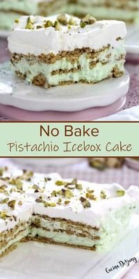 Easy No Bake Pistachio Icebox Cake – If you’ve never made an icebox cake, you MUST try it! An icebox cake usually consists of layers of cookies alternated with layers of pudding, whipped cream or whipped topping. #Desserts #Dessert #Cake