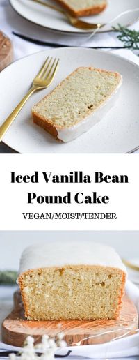 This Iced Vanilla Bean Pound Cake is buttery and moist and full of warm rich vanilla flavor. This egg-free and dairy-free recipe is fool-proof and yields a simple yet incredible vegan pound cake. #vegan #veganbaking #veganrecipes #poundcake #vanillabean #vanillabeanrecipes #bestveganrecipes #eggfree #dairyfree #eggfreebaking #dairyfreebaking