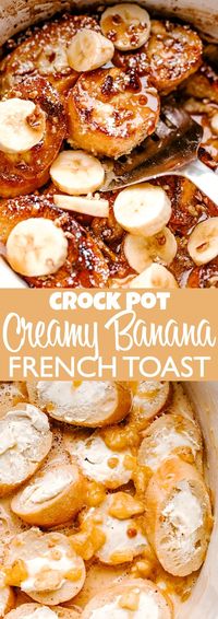 This Crock Pot Banana French Toast is so creamy and full of amazing flavors! It's so easy to make in the Crock Pot and is a delicious breakfast the whole family will enjoy. #frenchtoastinthecrockpot #frenchtoastinacrockpot #crockpotfrenchtoast #frenchtoastincrockpot #slowcookerfrenchtoast #bananafrenchtoast #easyfrenchtoast #easyfrenchtoastrecipe #frenchtoasterecipe #howtomakefrenchtoast 