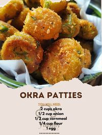 🌿🟢 Golden and crispy okra patties with fresh herbs! #OkraPatties #CrispyBites 🍽️ Okra Patties 🛒 Ingredients: 2 cups okra, chopped 1/2 cup onion, diced 1/2 cup cornmeal 1/4 cup flour 1 egg, beaten 2 tbsp buttermilk 2 tsp baking powder Salt & pepper to taste Oil for frying 👩‍🍳 Instructions: Mix Batter: In a bowl, mix okra, onion, cornmeal, flour, egg, buttermilk, baking powder, salt, and pepper. Form Patties: Shape batter into patties. Fry Patties: In a skillet, heat oil. Fry patties until ...