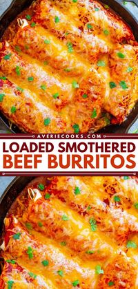 You'll love this Mexican comfort food recipe! Not only are these beef burritos loaded with ground beef, refried beans, and rice, but it is also smothered with sauce and cheese. Easy and freezer-friendly, they are perfect for weeknight dinners, too!