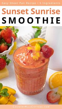 This sunrise sunset tropical smoothie is creamy, dreamy perfection! With frozen strawberries, pineapple, mango, and orange juice, the smoothie recipe is incredibly easy to make and even easier to sip for a light breakfast or refreshing snack on a hot afternoon. Sunrise sunset smoothie recipe is as simple as easy as it gets: 5 tasty ingredients, 5 minutes prep time, 1 blender. Make variations with watermelon, pineapple juice, protein powder, hemp hearts or chia seeds.| CountryHillCottage.com