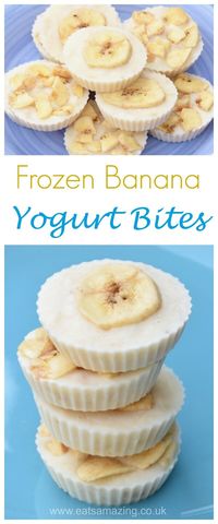 Quick and easy banana frozen yogurt bites - just 3 ingredients for this simple but healthy snack recipe - great for cooking with kids - Eats Amazing UK #easyrecipe #3ingredient #cookingwithkids #healthysnacks #kidsfood #yogurt #banana #frozenyogurt #snack #nobake