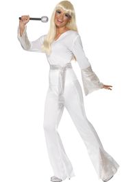 Mamma mia, you'll look like a dancing queen on the disco dance floor in this 70s white and sequin disco costume for women. Costume includes white top with silver sequin cuffs, matching flares and sequin belt. Wig, microphone, and all other accessories sold separately. Click here for matching wig. Perfect costume for dressing up as Abba. Sizes Measurements in centimetres. Please use as a guide only. Size S M L Bust 88-90 94-98 102-107 Waist 67-70 75-77 81-86 Hips 94-97 100-104 108-113 For general