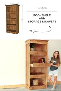 Check out this DIY bookshelf with hidden storage drawers! Learn how to build your own with printable building plans!