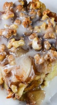 Cinnamon Apple Pie Bread Pudding Recipe ~. A delicious, sweet bread pudding with apples, cinnamon, walnuts, and sugar drizzled with a sweet vanilla glaze that is super easy to make.