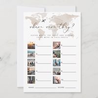 This where were they bridal shower game features a beige watercolor world map, flying airplane and elegant handwritten script font. Its neutral design makes it perfect for a bridal shower or a couples shower. Pair with anything in the CARMEN Collection for a cohesive look.