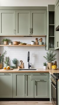 Sage green cabinets and oak wood countertop with a white subway tile backsplash. Click now to read my interior design blog. What do you guys think? #kitchendesign #kitchenrenovation #kitchenmakeover #kitchendesignideas #greenkitchen #kitchencountertop #kitchendecorideas