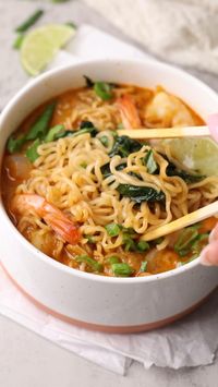 Was craving ramen 🍜 so made my favorite shrimp ramen!   Literally the perfect lunch 😋   6 large Shrimp, tail on  • 1 package of ramen noodles + seasoning   • 1 stalk of green onion, sliced   • 1/2 of a small white onion  • 1 tbsp Soy sauce   • 1 tbsp Thai red curry   • Sriracha to taste   • 2 tbsp unsweetened coconut cream   • 1 cup of Spinach or Bok choy   • 1 tsp Sesame oil  • 1 tbsp olive oil   • 1 1/2 cup Chicken broth or shrimp stock   1/2 a lime, juiced   Noodles @sapporoichibanramen   Save for later 📂   Comment below your favorite way to make ramen!   #ramen #chickenramen #noodlesoup #ramennoodles #ramenlover #shrimpramen #ramen🍜 #ramenbowl #ramensoup #noodlesoups #spicyramen #spicyramennoodles